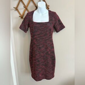 Ann Taylor Petite Tweed Sheath Dress Square Neck Maroon Black 4P